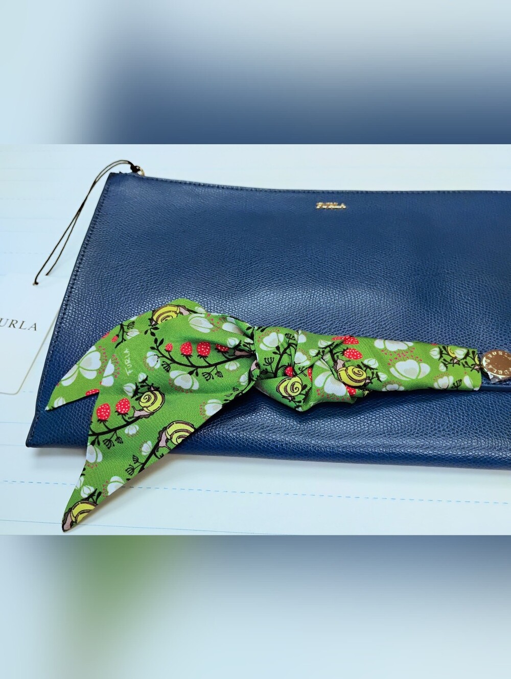 NWT Furla Leather Clutch w/ Green Floral Scarf Accent GHW - Picture 5 of 13